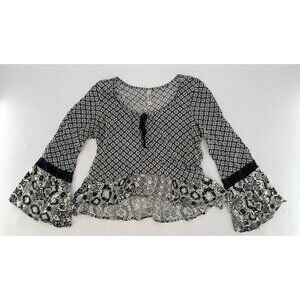 Mudd Juniors Black & Cream Flare Sleeve Flowy Blouse Size M Boho Hippie‎